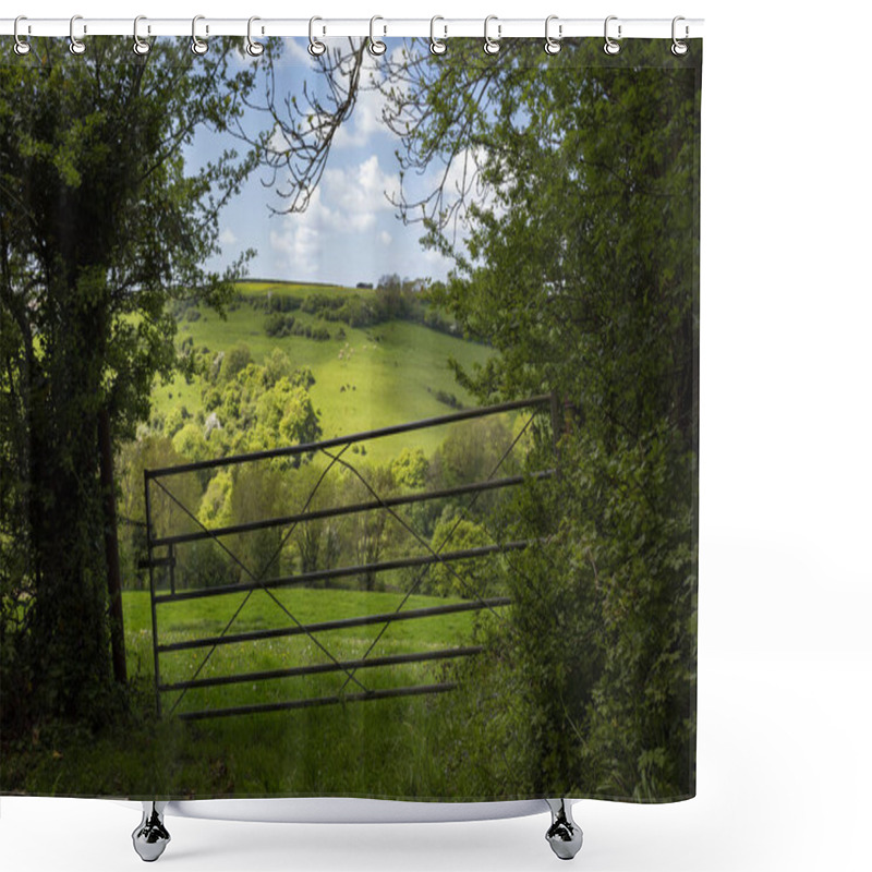 Personality  A Metal Bar Gate Leading Onto Lush Green Countryside. Shower Curtains