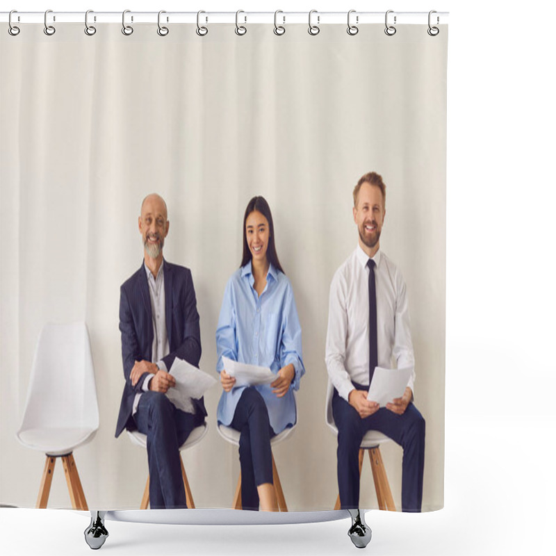 Personality  Three Positive Candidates Of Different Ages Sitting On Chairs Waiting For Job Interview Shower Curtains