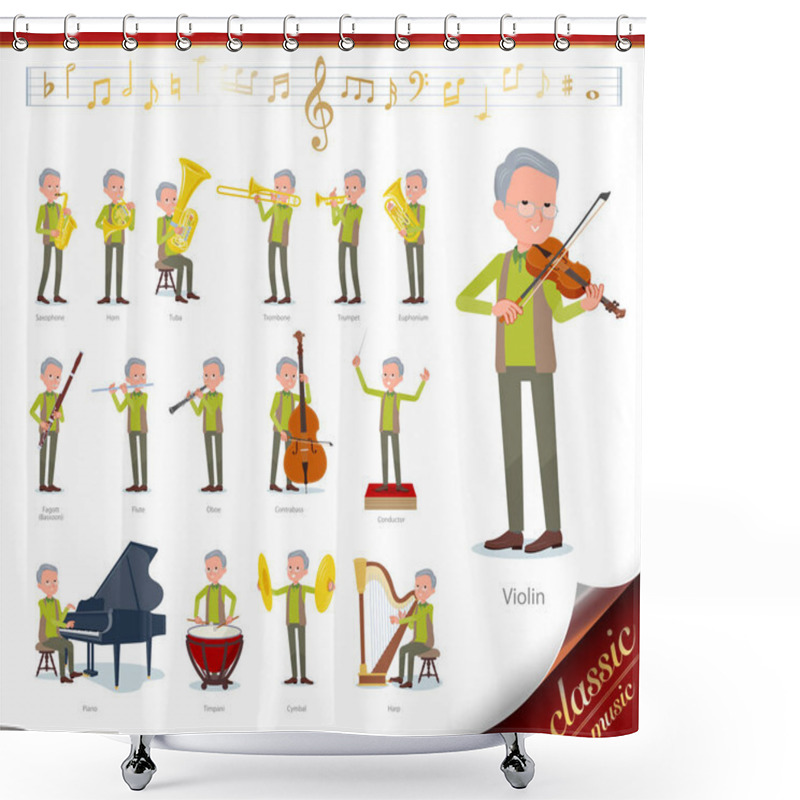 Personality  A Set Of Old Man On Classical Music Performances.There Are Actions To Play Various Instruments Such As String Instruments And Wind Instruments.It's Vector Art So It's Easy To Edit. Shower Curtains