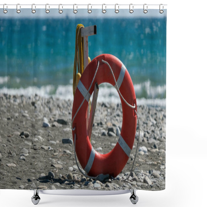 Personality  Orange Lifebuoy On The Beach. Safety On The Water. Salvation. Coast Guard. Rescuer. Drowning. Shower Curtains