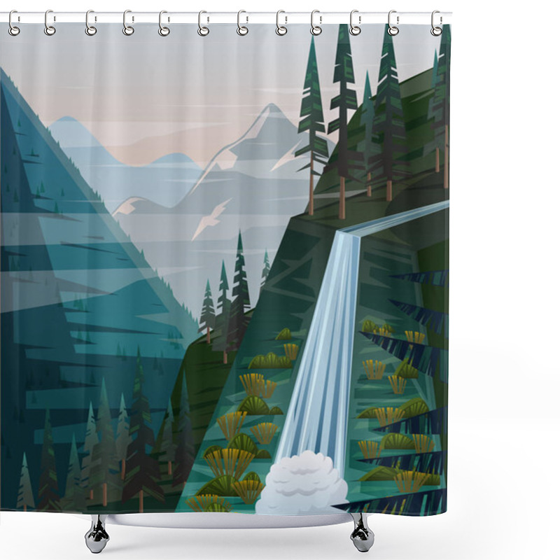 Personality  Landscapes With Mountains, Waterfall And Fir Trees. Vector Illustration  Shower Curtains