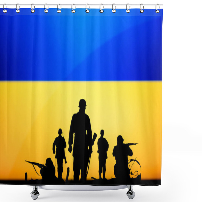 Personality  War In Ukraine. Russia Attack Ukraine. Illustration Photo. Silhouette Of Soldiers, National Flag In Background. Conflict In Europe Shower Curtains