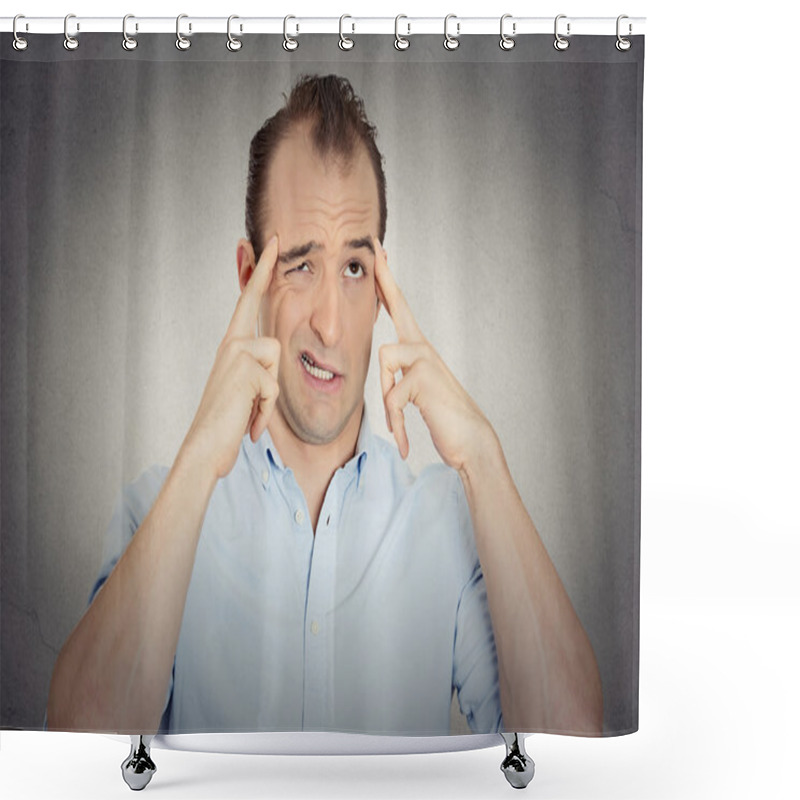 Personality  Headshot Young Businessman Thinking Trying Hard To Remember Something Shower Curtains