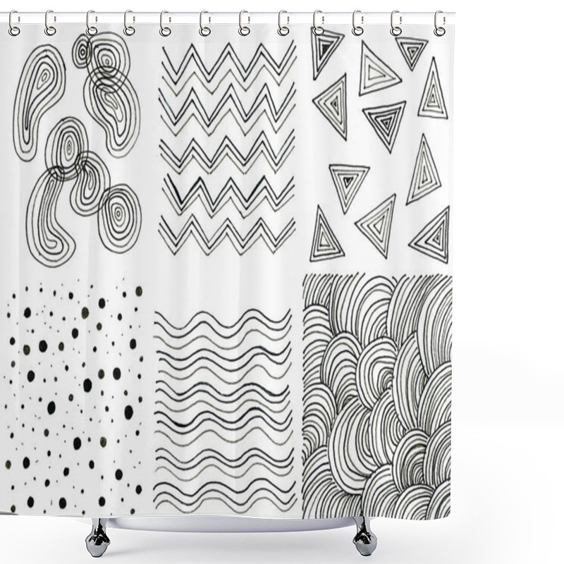 Personality  Set Of Six Square Samples Are Filled With Various Elements. Triangles, Zigzags, Waves, Dots, Abstract Elements, Doodles. All Elements Consist Of Black And Various Shades Of Gray. White Background. Shower Curtains