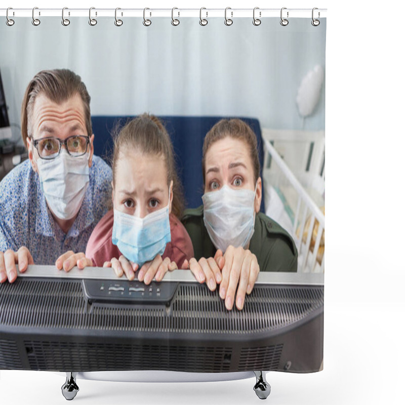 Personality  Tired Caucasian Family Wearing Medical Masks At Home, Standing Close To Television And Looking At Camera With Pained Look, Self Isolation Shower Curtains