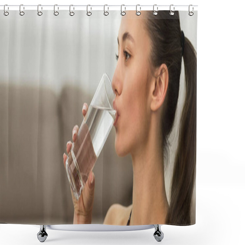 Personality  Healthy Liquid. Woman Drinking Cold Still Water From Glass Shower Curtains