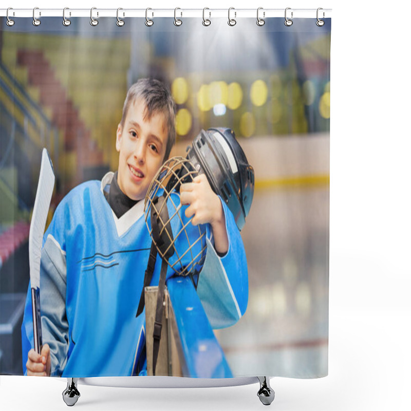 Personality  Portrait Of Happy Teenage Boy, Ice Hockey Player, Holding Helmet And Stick, Standing Next To Rink Bards Shower Curtains