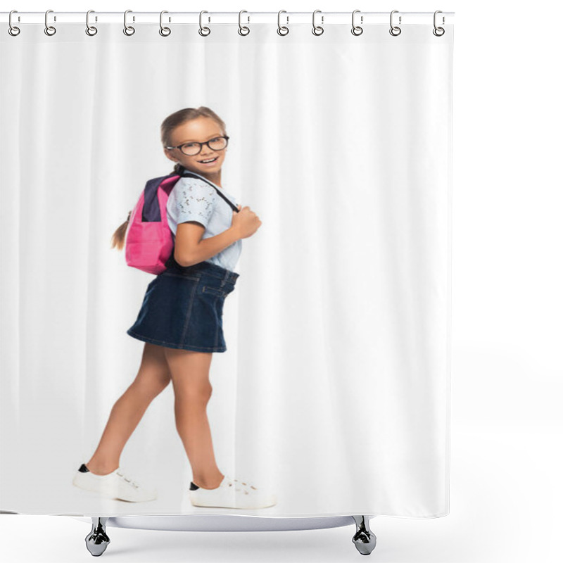 Personality  Schoolgirl In Glasses Standing And Touching Backpack Isolated On White  Shower Curtains