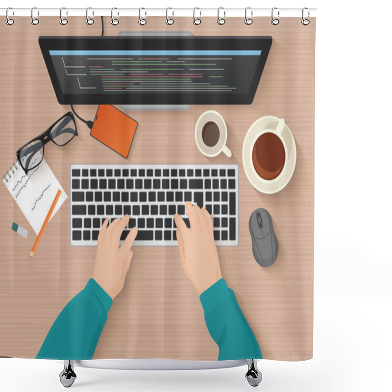 Personality  Developer Working At Computer. Programmer Hands Coding. Programming Flat Illustration Concept. Vector Top View. Shower Curtains