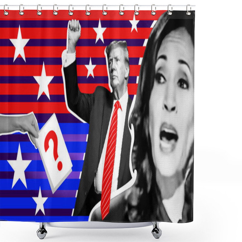 Personality  Portrait Of Donald Trump And Kamala Harris. Illustrative Photo Collage With Halftone Effect Shower Curtains