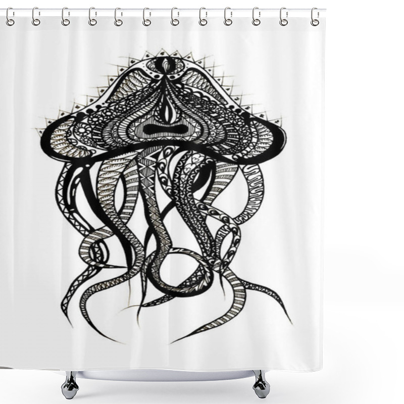 Personality  Black And White Octopus With Many Elements, Doodles And Lines Shower Curtains