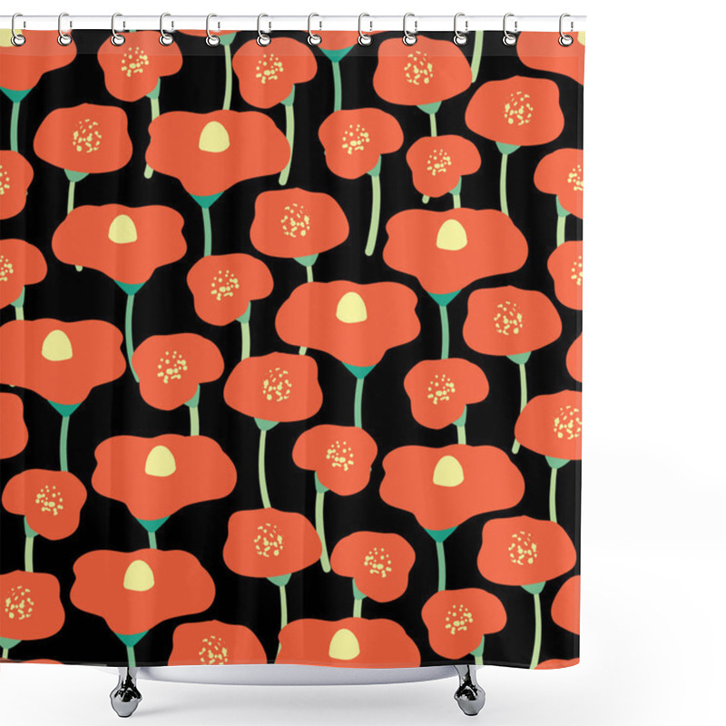 Personality  Red Poppy Flowers Seamless Vector Background. Red Poppies Meadow On Black Background. Flower Field. Retro Floral Background. Hand Drawn Vintage Florals. Wrapping, Wallpaper, Fabric, Scrapbooking, Web Shower Curtains