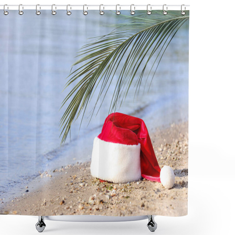 Personality  Santa Claus Hat With Tropical Leaf On Sea Coast. Christmas Vacation Shower Curtains