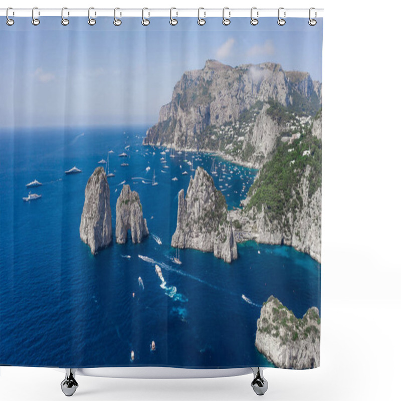 Personality  Aerial Drone Shot View Of Faraglioni From East Capri Island In Tyrrhenian Sea With Luxury Yachts Shower Curtains