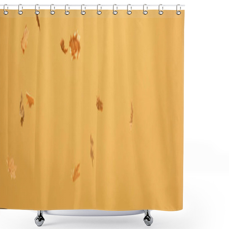 Personality  Panoramic Shot Of Golden Maple Leaves Falling Down Isolated On Yellow Shower Curtains