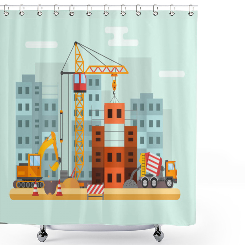 Personality  Building Under Construction, Workers And Construction Technical Vector Illustration Shower Curtains