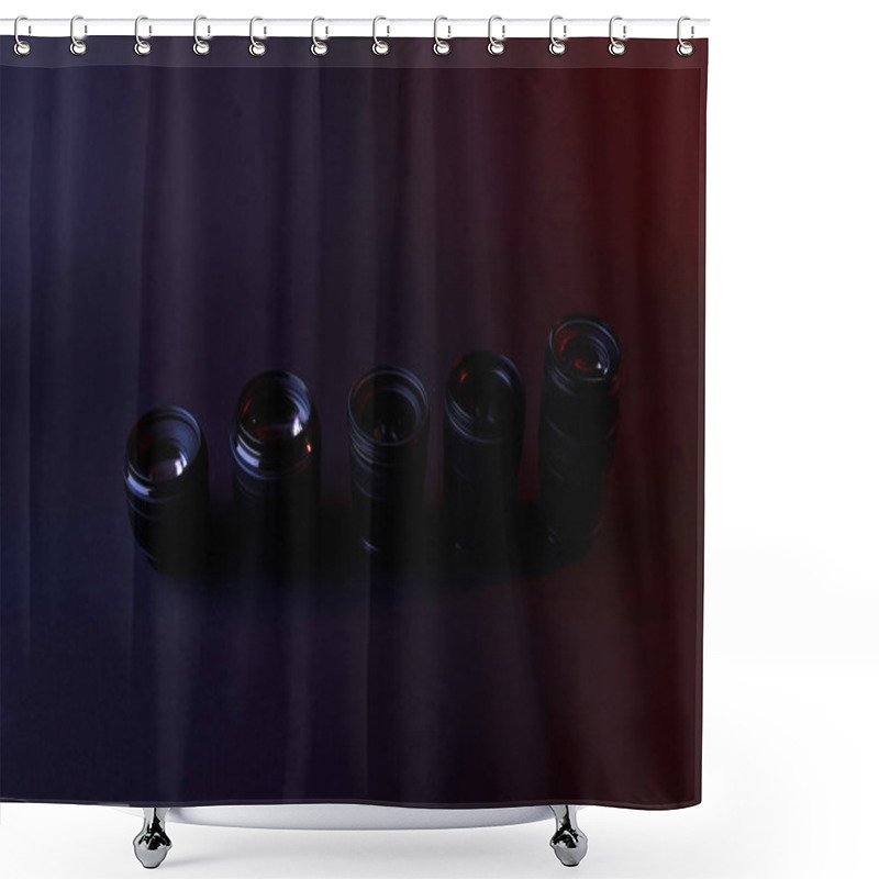 Personality  High Angle View Of Row Of Camera Lenses On Dark Surface Shower Curtains