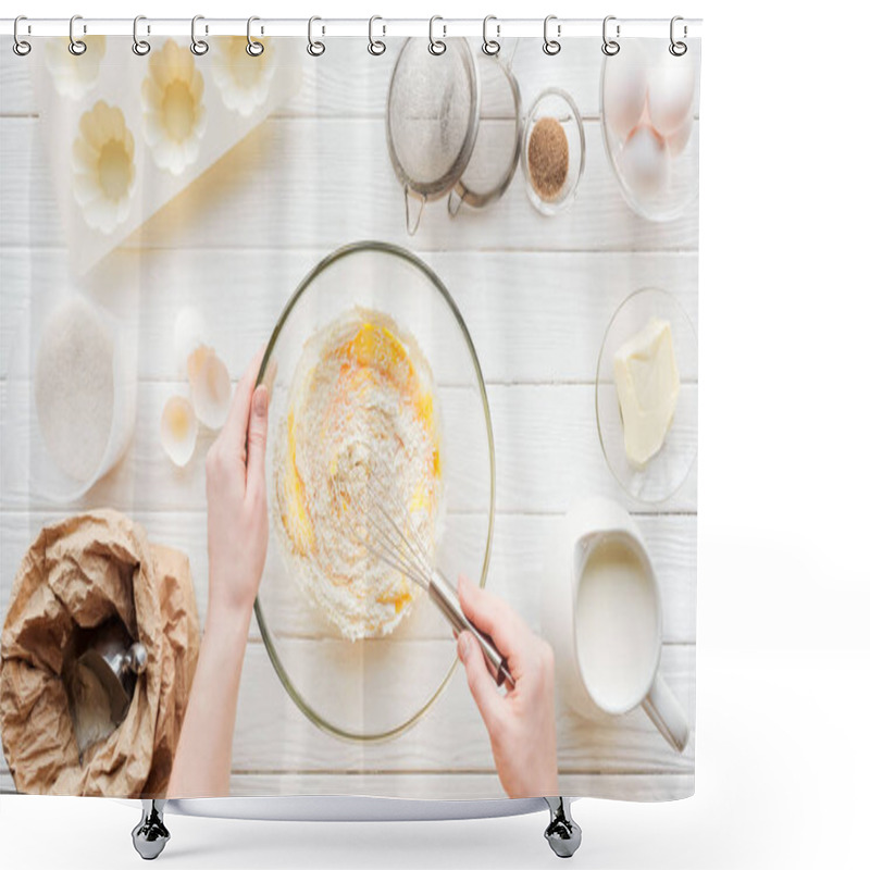 Personality  Cropped View Of Woman Mixing Cupcake Dough In Bowl On Table Shower Curtains