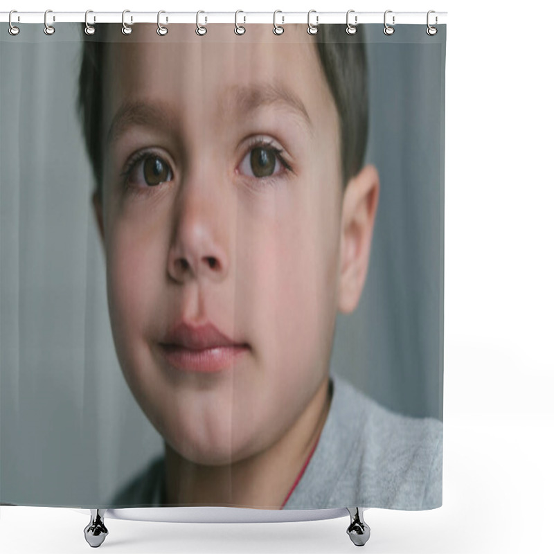 Personality  Close Up Of Upset Toddler Boy Looking At Camera  Shower Curtains