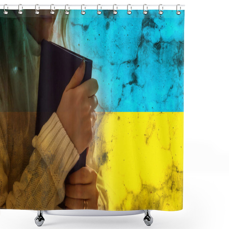 Personality  Children Against War. Russias Invasion Of Ukraine, Request For World Communitys Help. Against Background Of Ukrainian Flag With Hands Painted In Yellow And Blue, Gesture Of Faith And Hope Shower Curtains