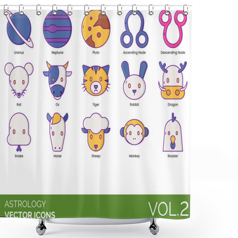 Personality  Astrology Icons Including Uranus, Neptune, Pluto, Ascending, Descending Node, Rat, Ox, Tiger, Rabbit, Dragon, Snake, Horse, Sheep, Monkey, Rooster. Shower Curtains