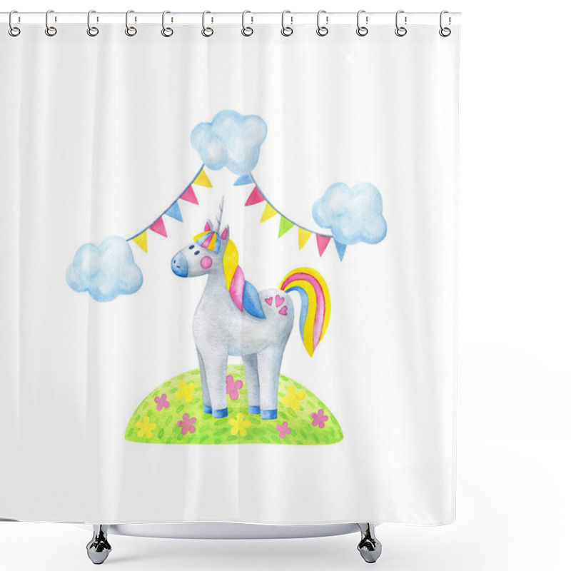 Personality  A Unicorn Stands In A Clearing With Flowers.Cute Composition Wit Shower Curtains