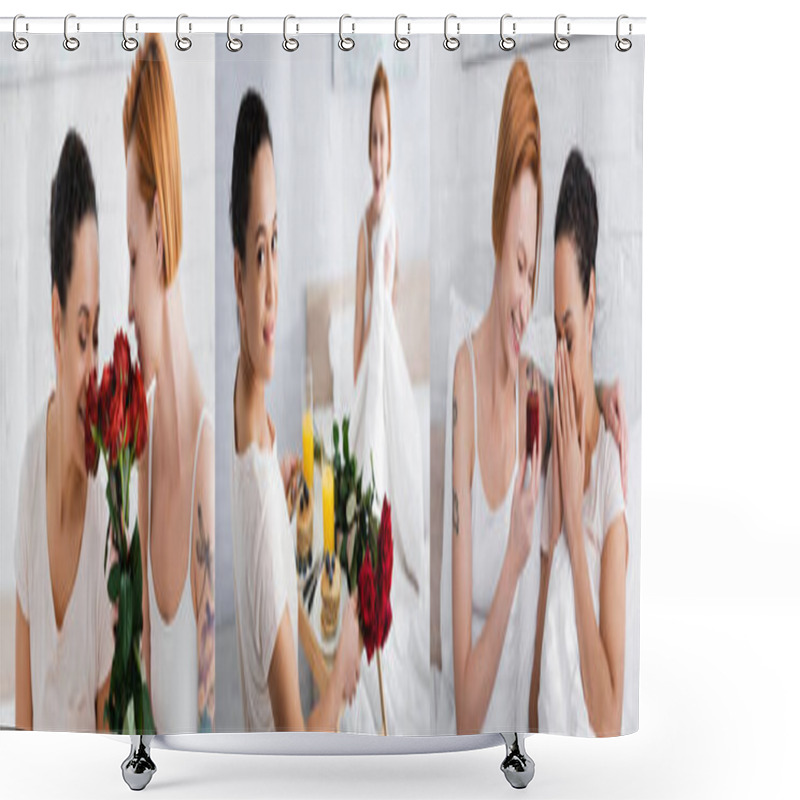 Personality  Collage Of Interracial Lesbian Couple Gifting Presents To Each Other On Valentines Day, Banner Shower Curtains