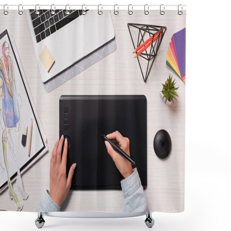 Personality  Office Desk With Cropped Peson Using Graphics Tablet And Pen, Flat Lay Shower Curtains