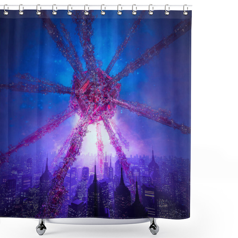 Personality  Invasion Node - 3D Illustration Of Science Fiction Scene With Giant Alien Spaceship Hovering In The Sky Over Downtown District Of Large Modern City At Night Shower Curtains