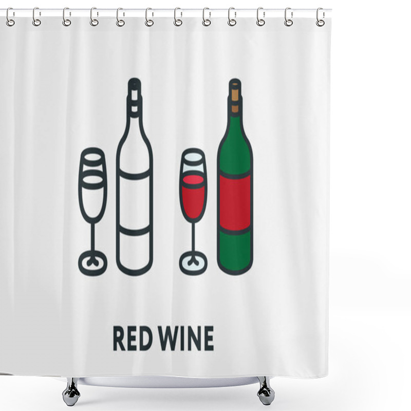 Personality  Red Wine Bottle And Glass Alcohol Concept Minimal Flat Line Outline Colorful And Stroke Icon Pictogram Shower Curtains