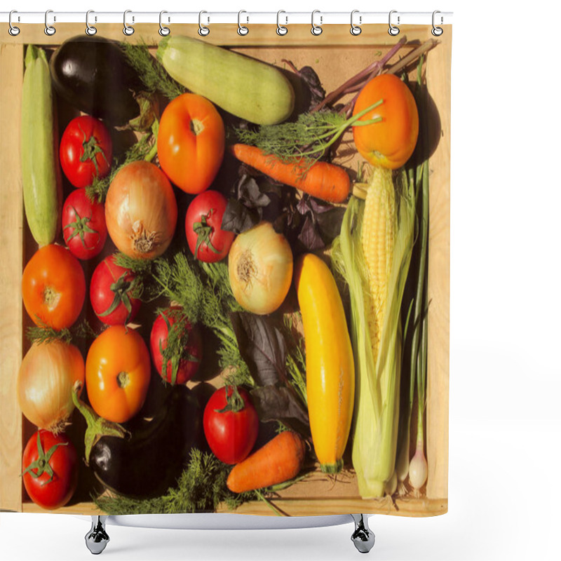 Personality  Food Background. Vegetables On Wooden Tray Background. Set Of Vegetables. Vegetable Assortment. Shower Curtains