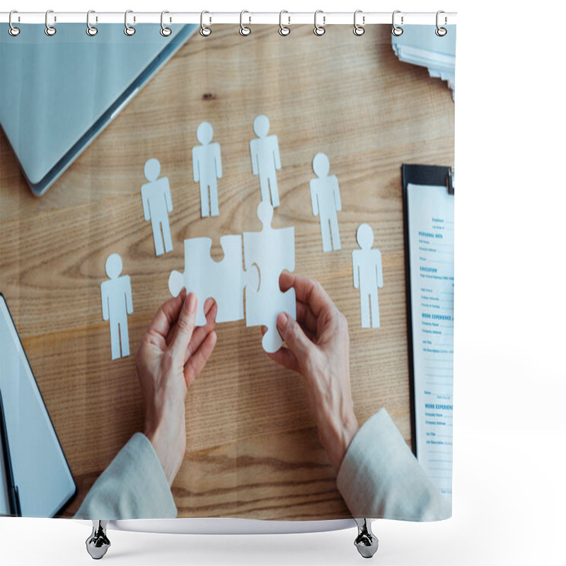 Personality  Cropped View Of Woman Holding Jigsaw Puzzle Pieces Near Table  Shower Curtains