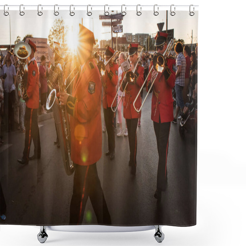 Personality  LUBIN, POLAND - JUNE 8, 2019: Orchestra March Through The Streets To Celebrate The Reopening Of The Railway Line. Shower Curtains