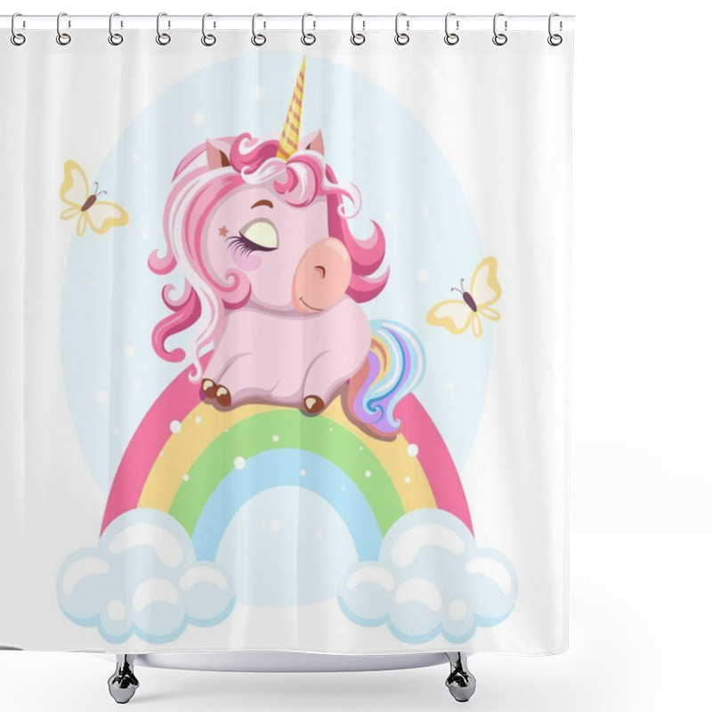 Personality  Cute Painted Pink Baby Unicorn Dreaming On A Rainbow In The Clouds With Butterflies. Template Design For Greeting Card, Baby Shower, Greeting, Birthday, Poster. Vector Illustration.  Shower Curtains