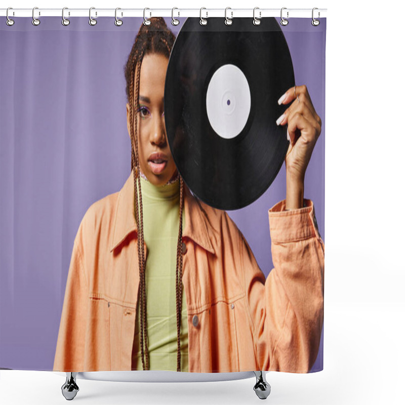 Personality  African American Woman In Her 20s With Dreadlocks Covering Half Of Face With Vinyl Disc On Purple Shower Curtains