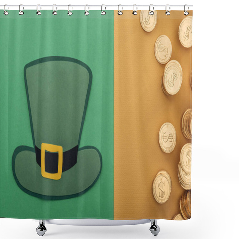 Personality  Top View Of Golden Coins With Dollar Signs And Paper Hat On Green And Orange Background, St Patrick Day Concept Shower Curtains