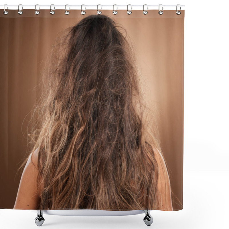 Personality  Back, Hair And Frizzy With A Woman In Studio On A Brown Background For Haircare Or Salon Treatment. Repair, Damaged And Messy With A Female At The Hairdresser For Keratin Restoration Or Remedy. Shower Curtains