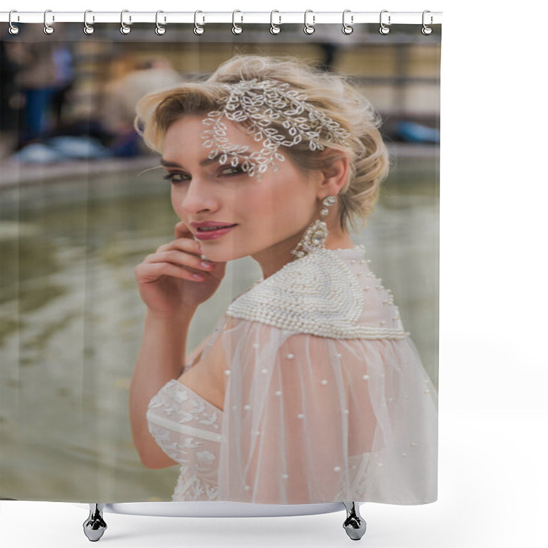 Personality  Bride Sits In Peach Dress And Veil, Background Fountain Shower Curtains