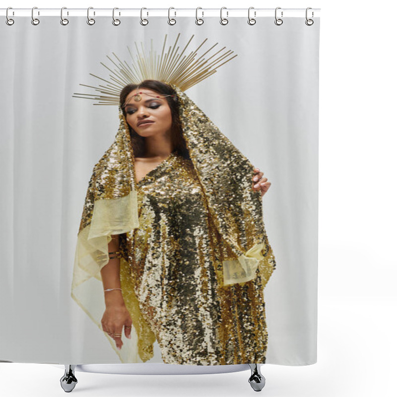 Personality  This Captivating Figure Exudes Grace And Beauty In A Shiny Golden Dress With A Radiant Headdress. Shower Curtains