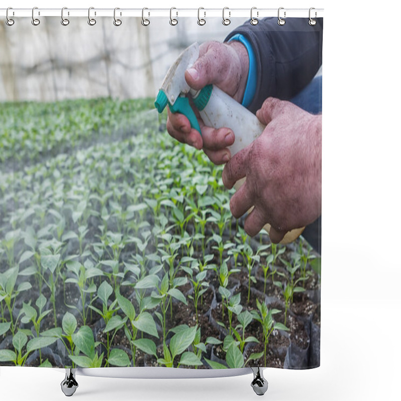 Personality  Close Up In The Hands Of A Man While Spraying The Small Plants I Shower Curtains