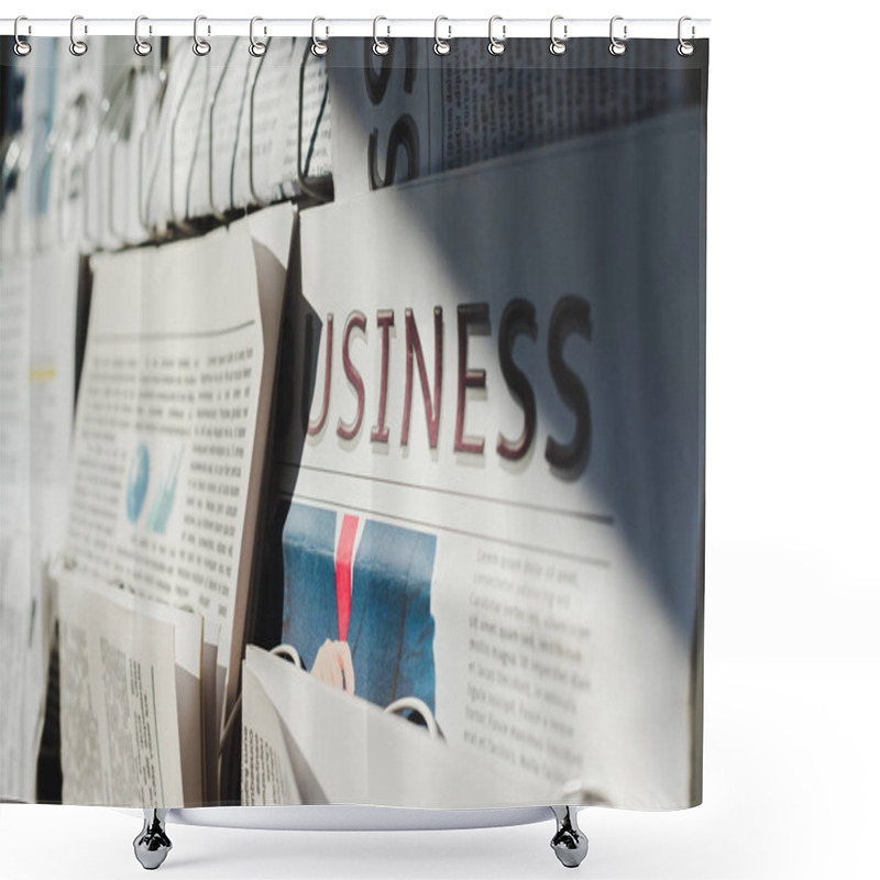 Personality  Selective Focus Of Different Print Newspapers On Stand In Sunlight Shower Curtains