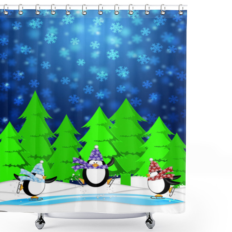 Personality  Penguins In Ice Skating Rink Winter Snowing Scene Blue Illustrat Shower Curtains