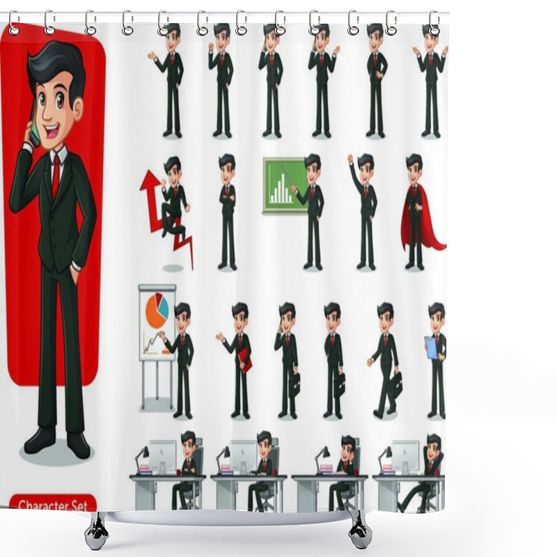 Personality  Set Of Businessman Cartoon Character Design With Different Poses, Isolated Against White Background. Shower Curtains