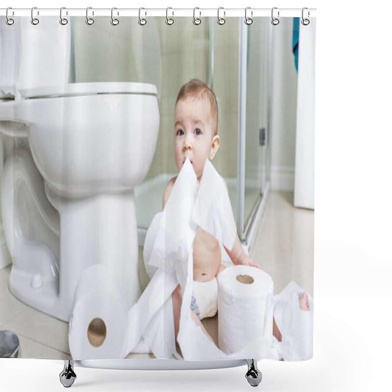 Personality  Toddler Ripping Up Toilet Paper In Bathroom Shower Curtains