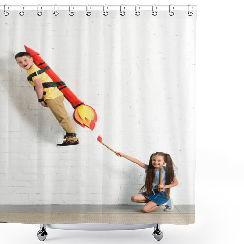 Personality  Happy Sister Pretending Setting On Fire Toy Rocket With Brother At Home Shower Curtains