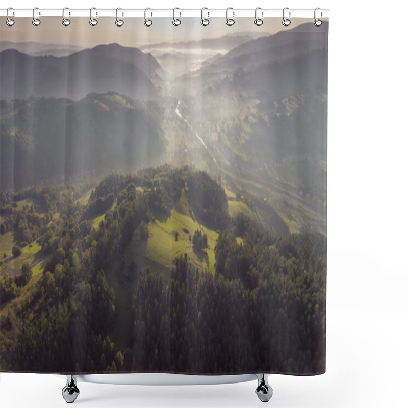 Personality  Landscape Misty Panorama. Fantastic Dreamy Sunrise On Rocky Moun Shower Curtains