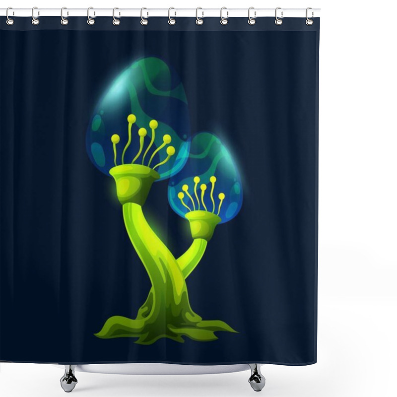 Personality  Fantasy Magic Jelly Mushroom, Strange Toadstool With Transparent Egg Shaped Cap And Green Glow Stipe. Vector Unusual Fungi With Bulb Hats. Natural Element For Fairy Tale Or Game, Cartoon Alien Plant Shower Curtains