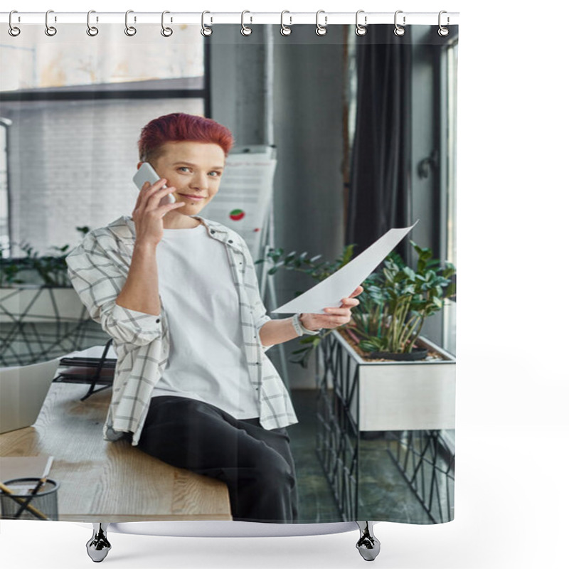 Personality  Queer Person In Casual Attire Sitting On Work Desk With Document And Talking On Smartphone In Office Shower Curtains