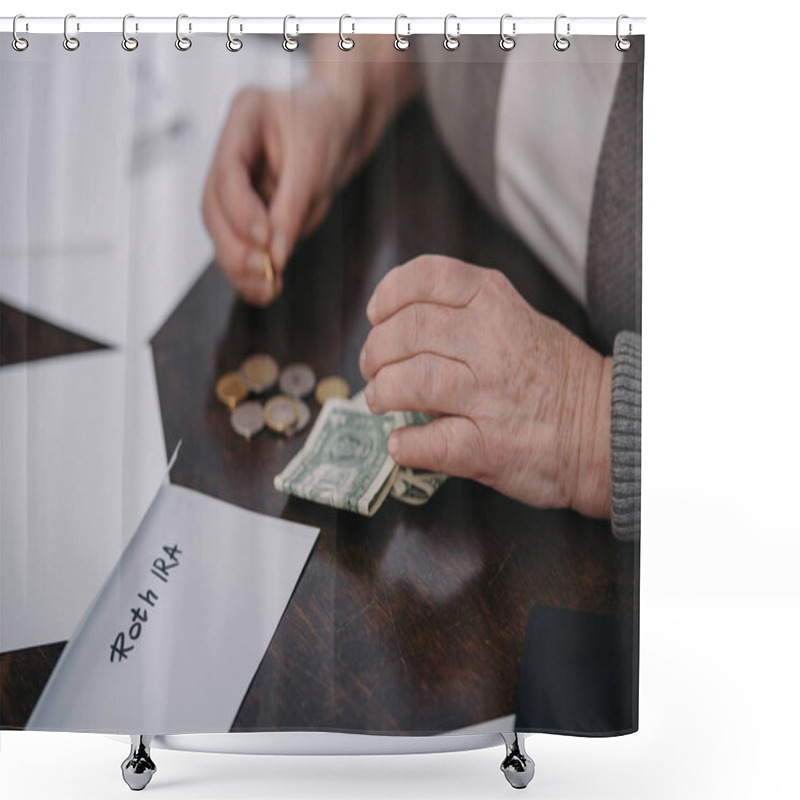 Personality  Cropped View Of Couple Woman Counting Money Near Envelope With 'roth Ira' Lettering  Shower Curtains