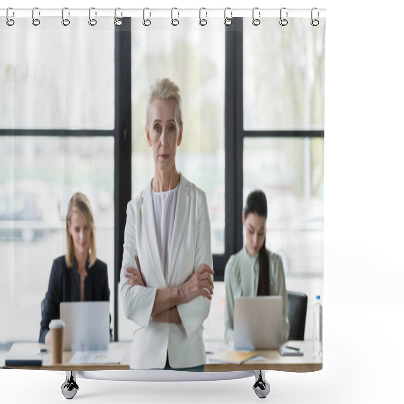 Personality  Senior Beautiful Businesswoman Standing With Crossed Arms And Looking At Camera In Office Shower Curtains